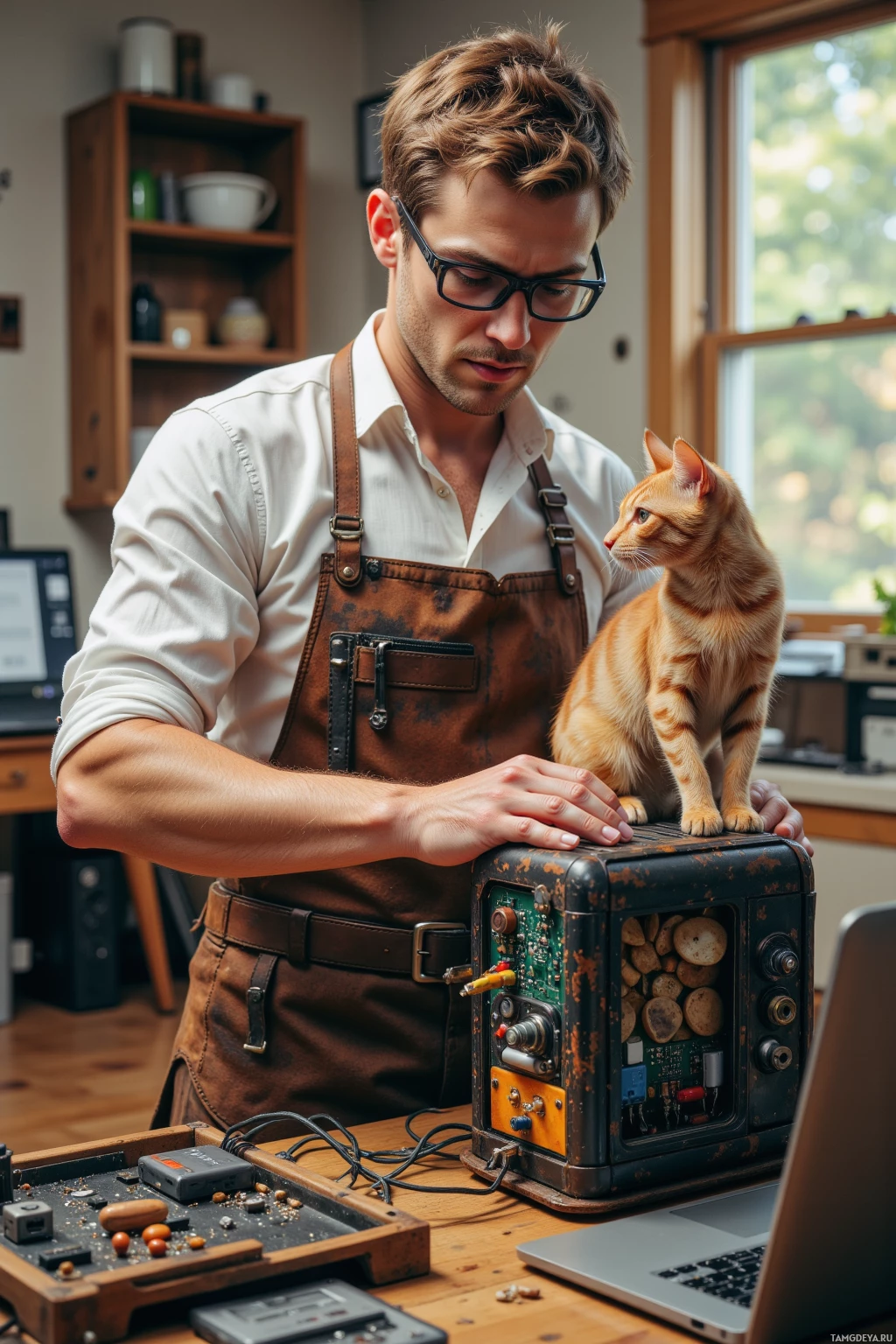 A man wearing an apron and glasses is working on a vintage electronic device with a cat perched on top.