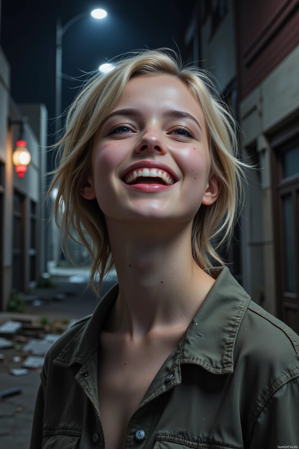 A young woman with blonde hair smiles brightly in a dimly lit urban alleyway.