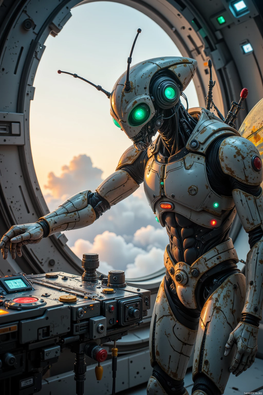 A robotic figure with glowing green eyes and intricate mechanical details stands in a futuristic setting.