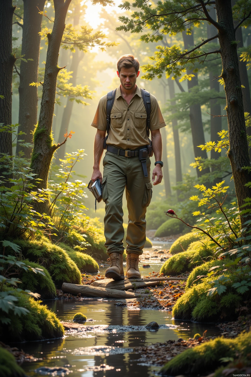 A man in a forest walks across a log bridge over a stream.