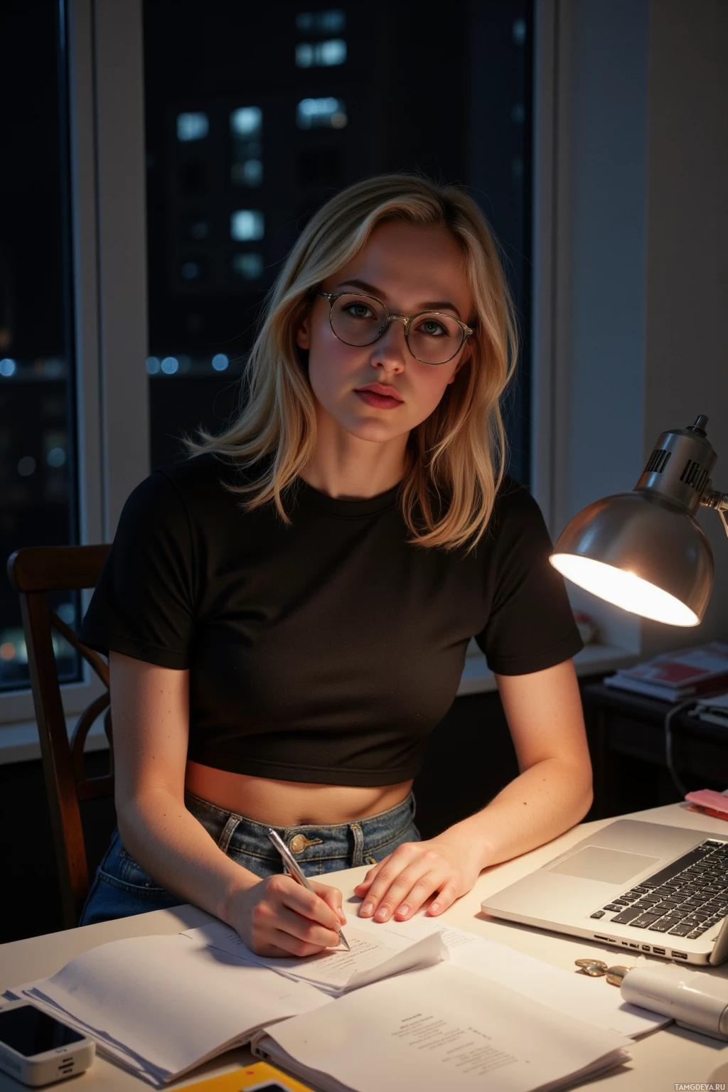 A person wearing glasses sits at a desk, writing in a notebook with a laptop and other items nearby.