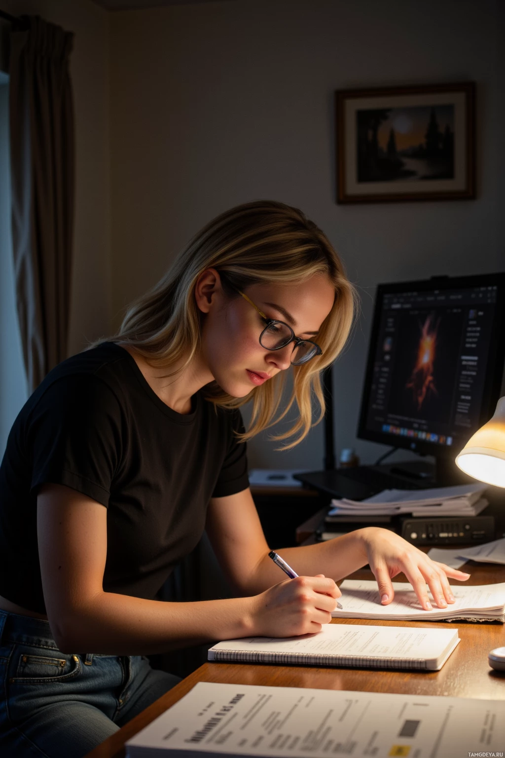 A person is sitting at a desk, writing in a notebook with a pen.