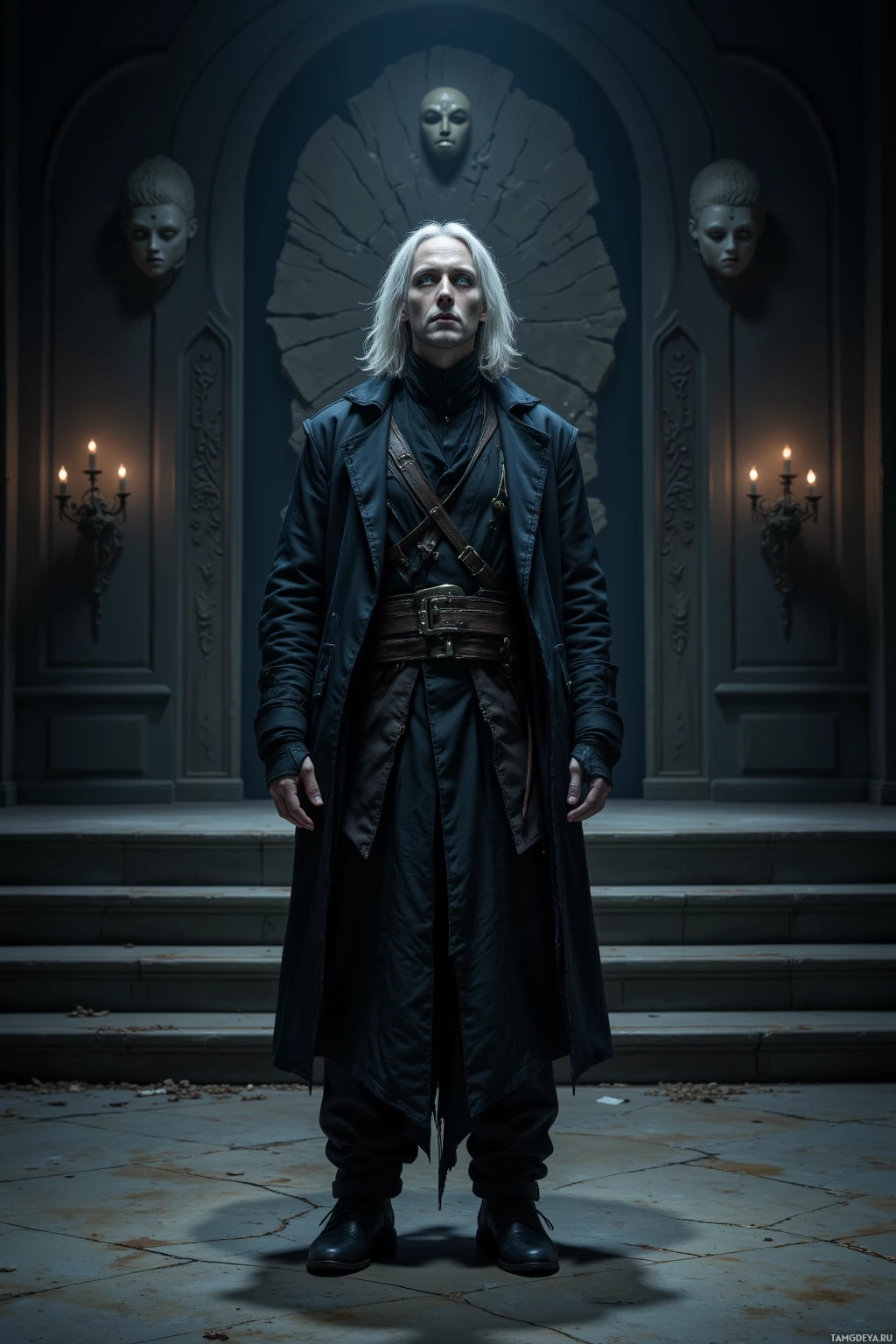 A person in a dark coat stands in a dimly lit, ornate room with wall-mounted masks and candle sconces.