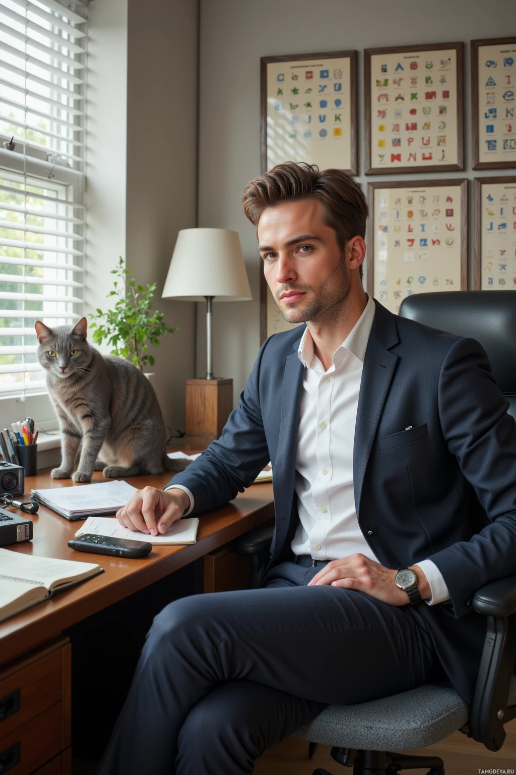 A man in a suit sits at a desk with a cat and office supplies.