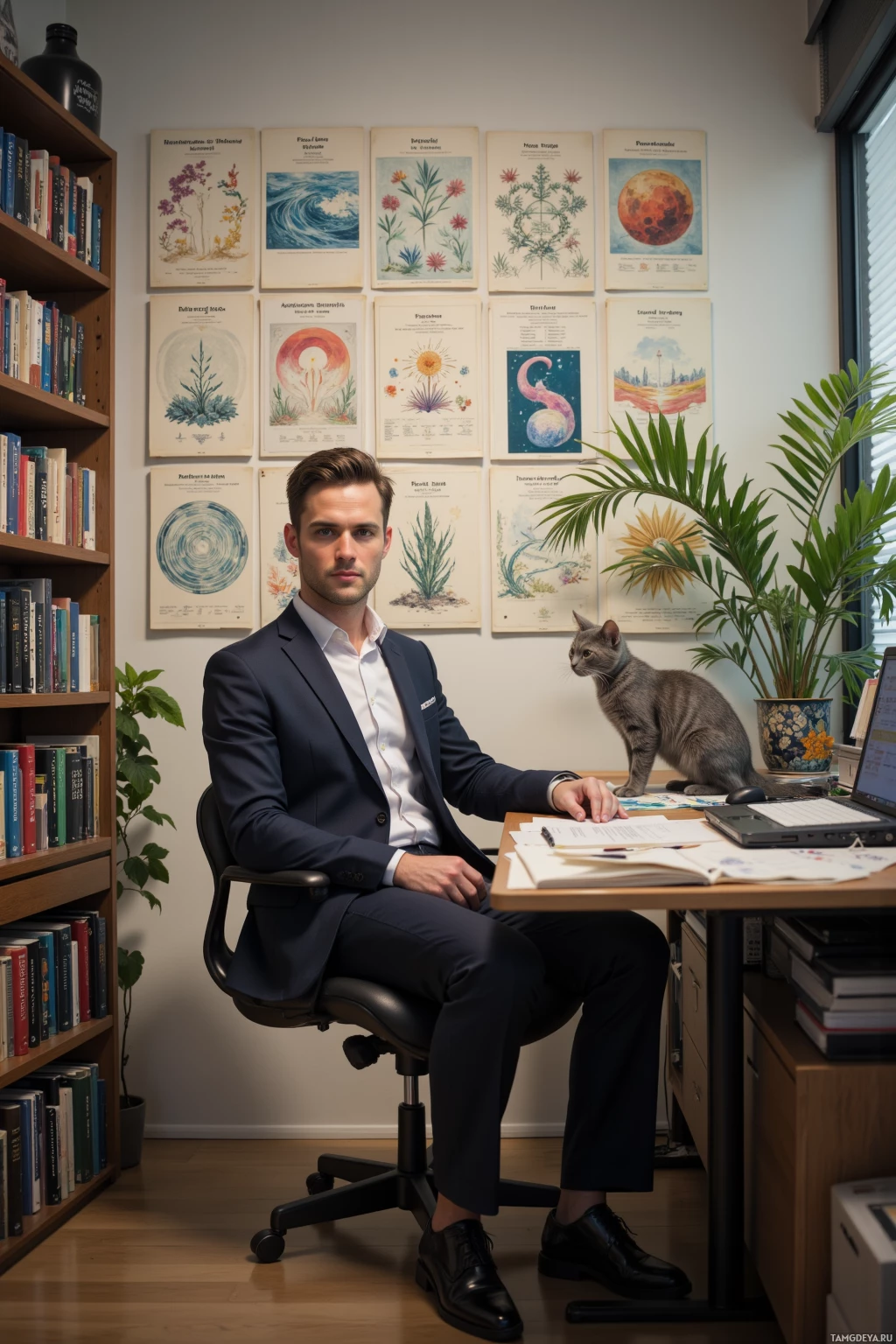 A man in a suit sits at a desk in a room with botanical posters and a cat.