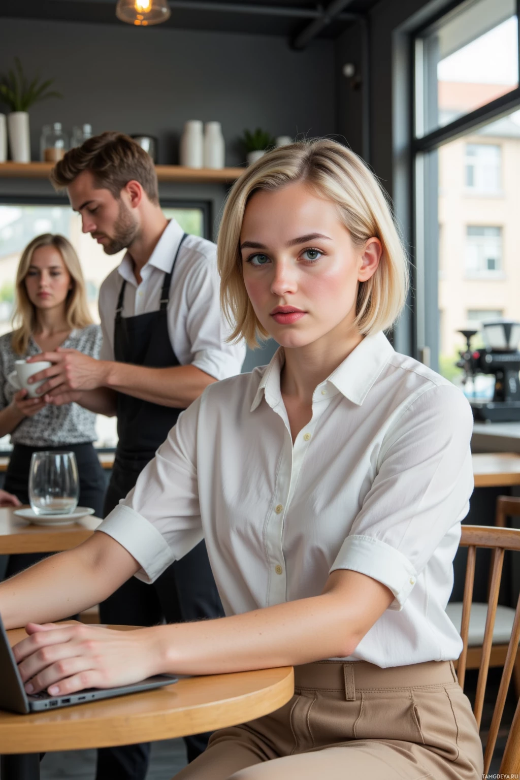 A woman in a white shirt works on a laptop at a cafe table, with a waiter and another customer in the background.