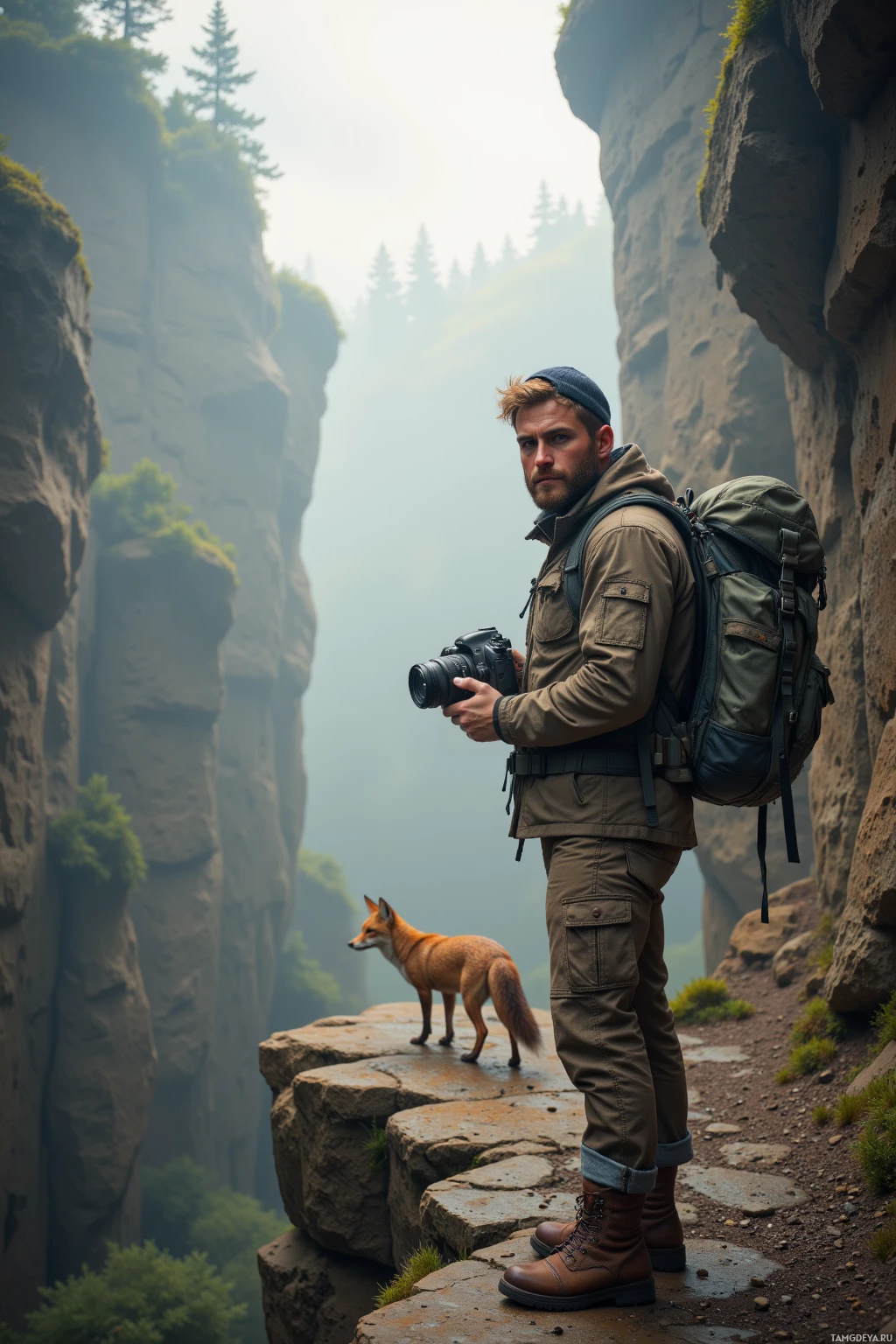 A man stands in a narrow canyon, holding a camera, with a fox nearby.