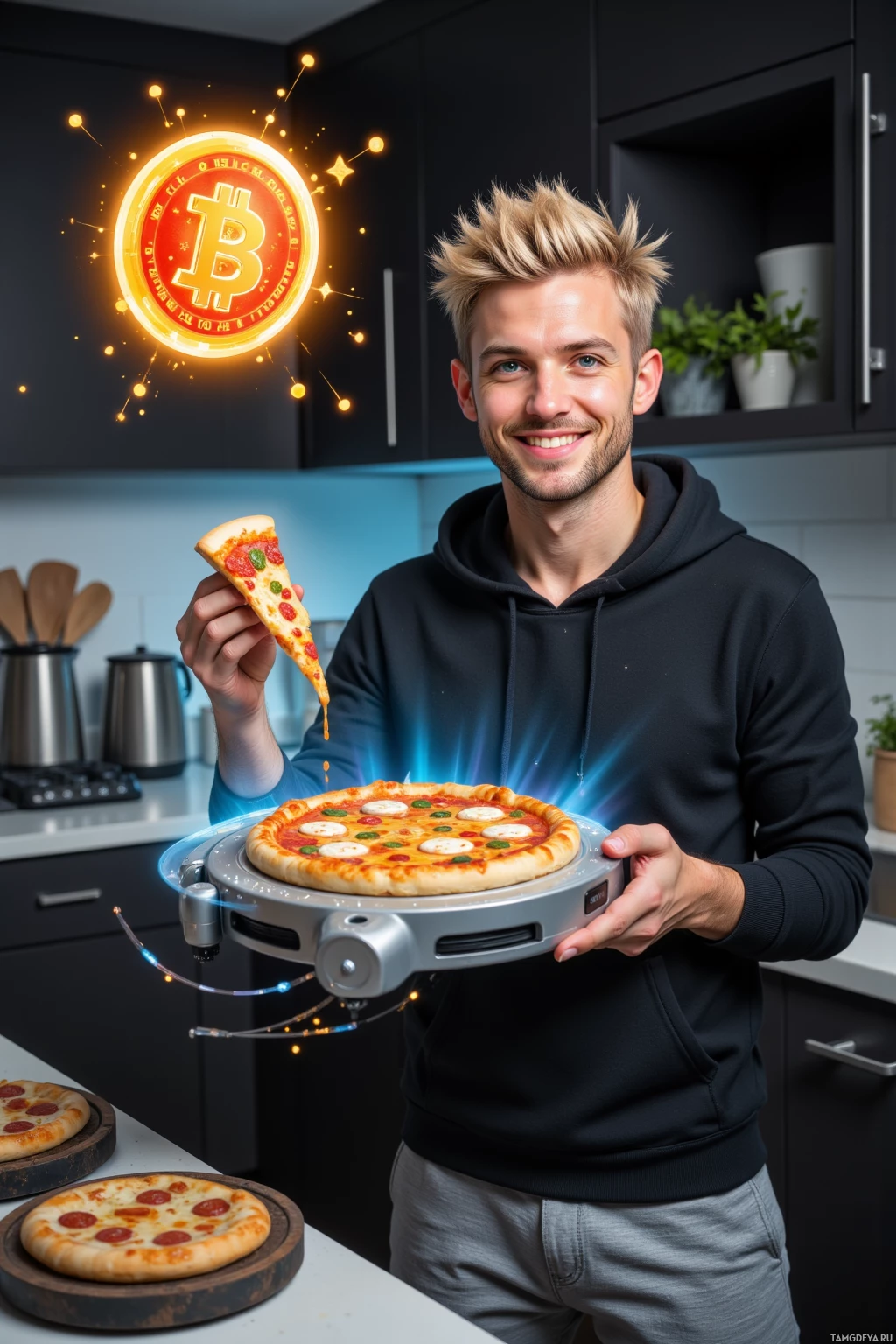 A person holds a slice of pizza and a pizza-making device in a modern kitchen.