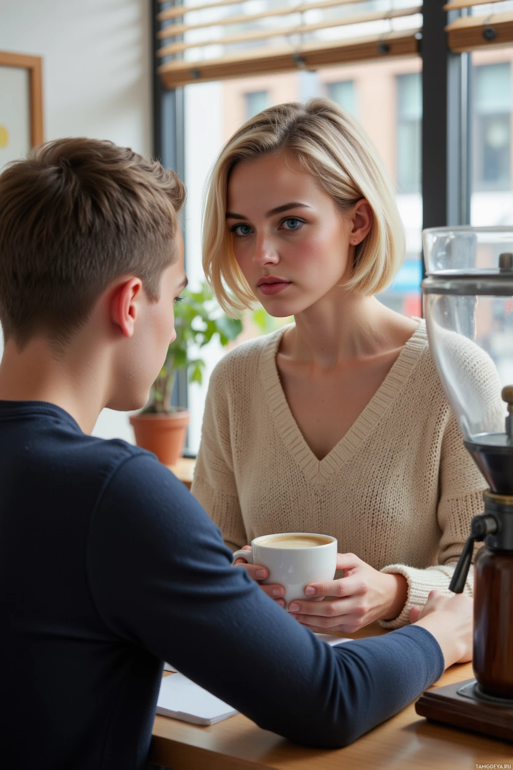 Two individuals are seated at a table in a café, engaged in conversation while holding a cup of coffee.