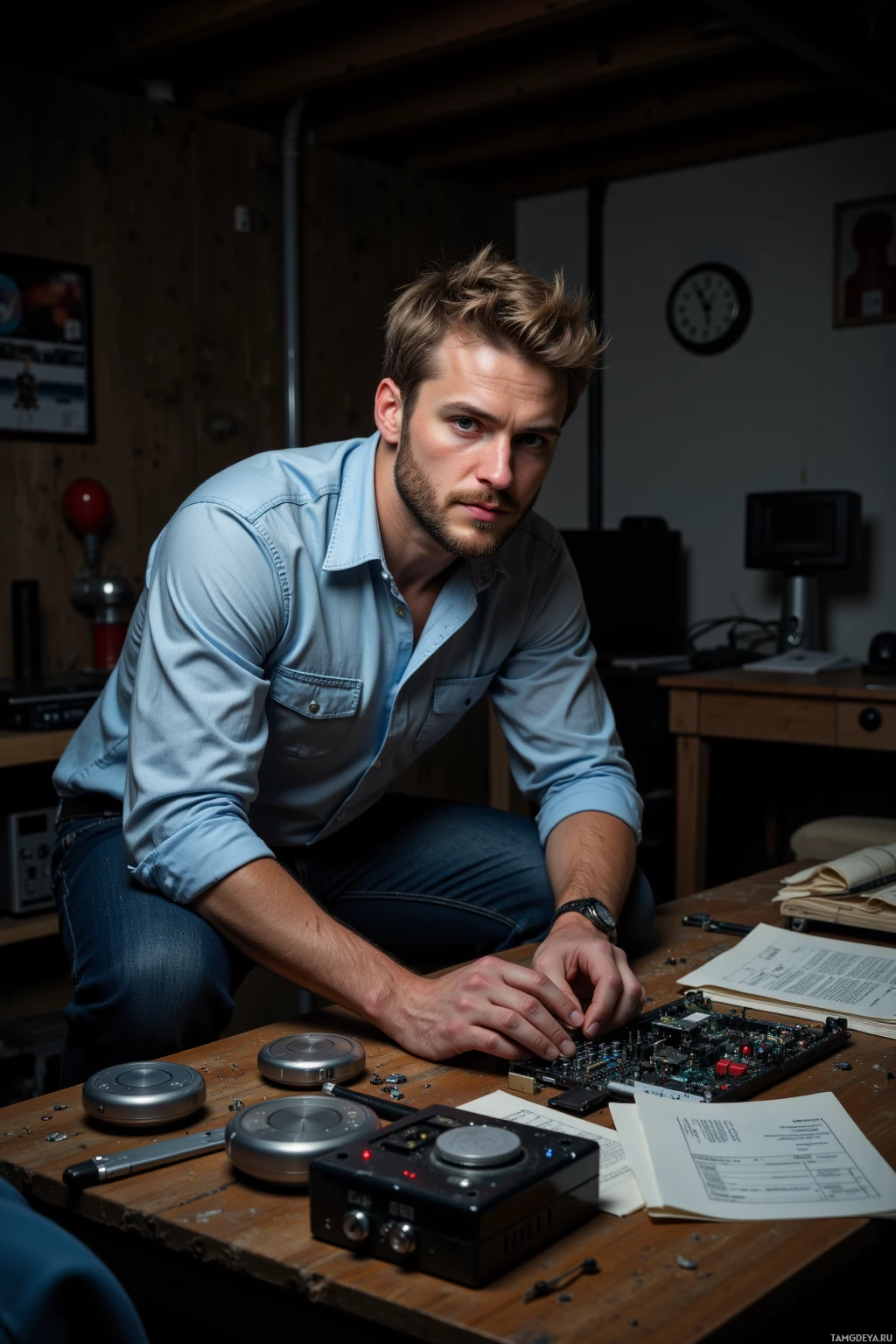 A man is working on electronic components in a workshop setting.