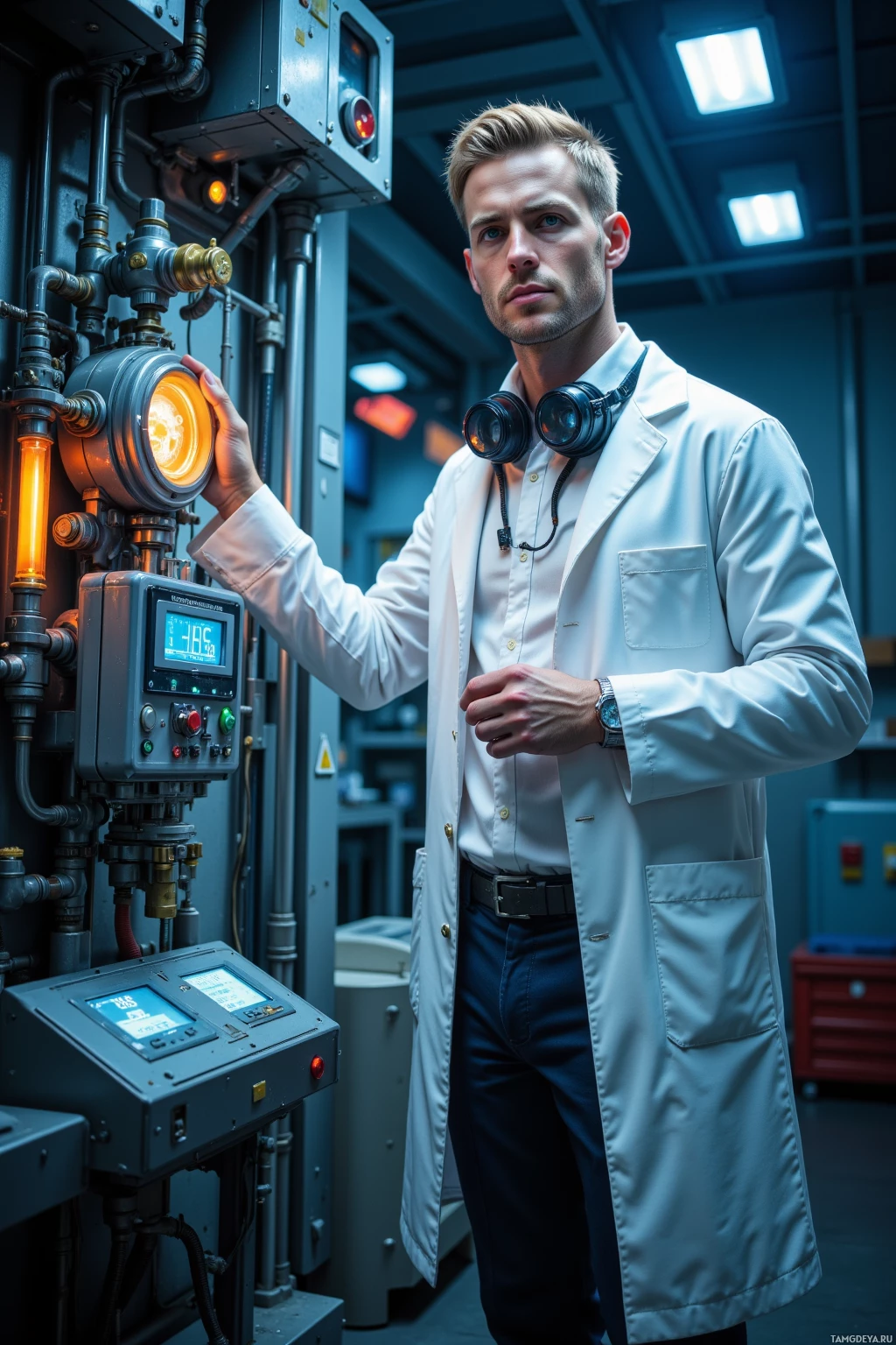 A man in a lab coat stands in a technical environment, interacting with machinery.