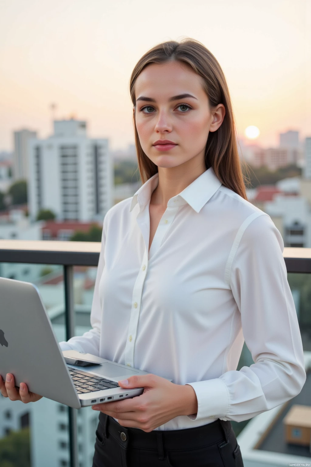A woman in a white shirt holds a laptop on a rooftop with a cityscape in the background.