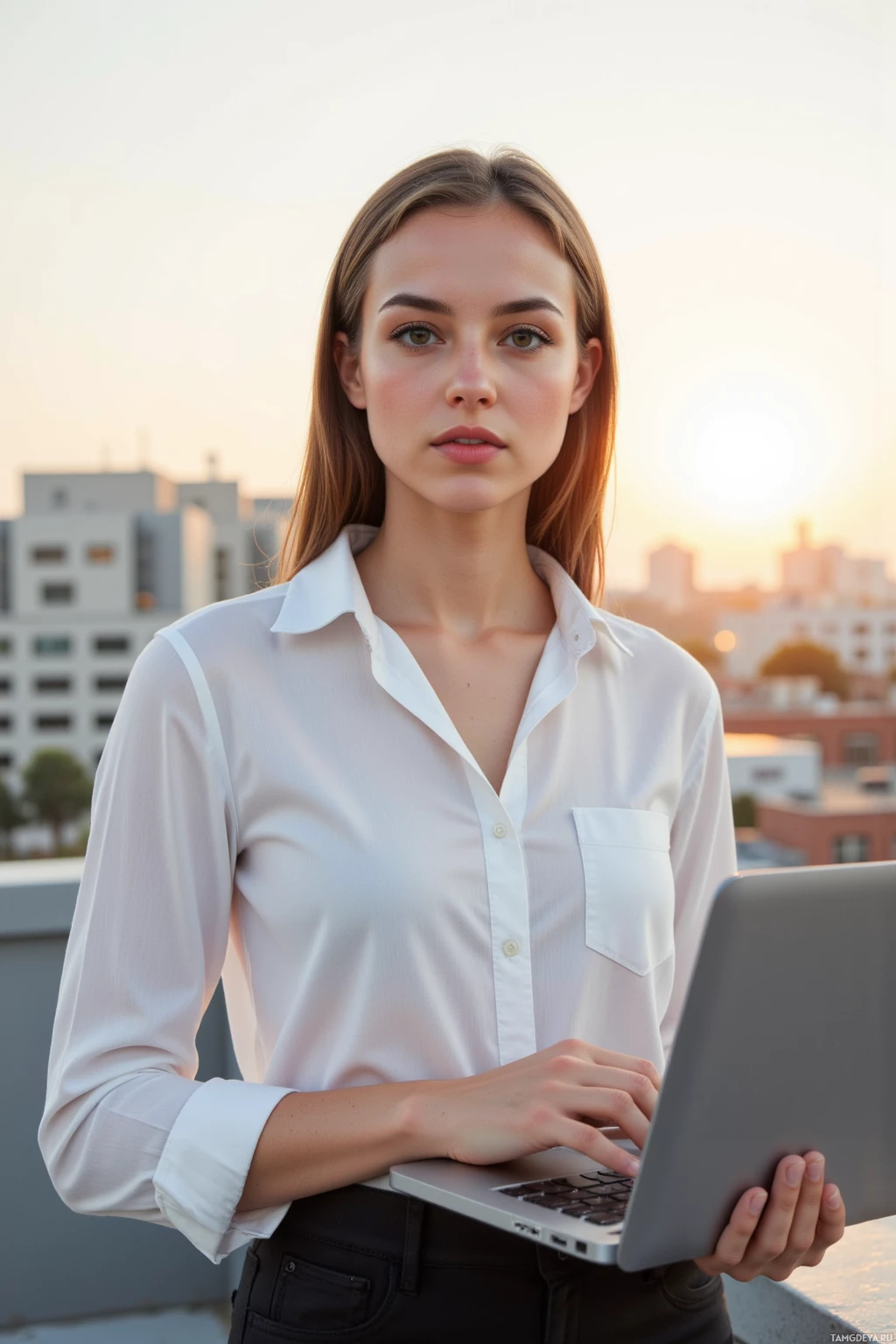 A woman in a white shirt holds a laptop, standing outdoors with a cityscape in the background.