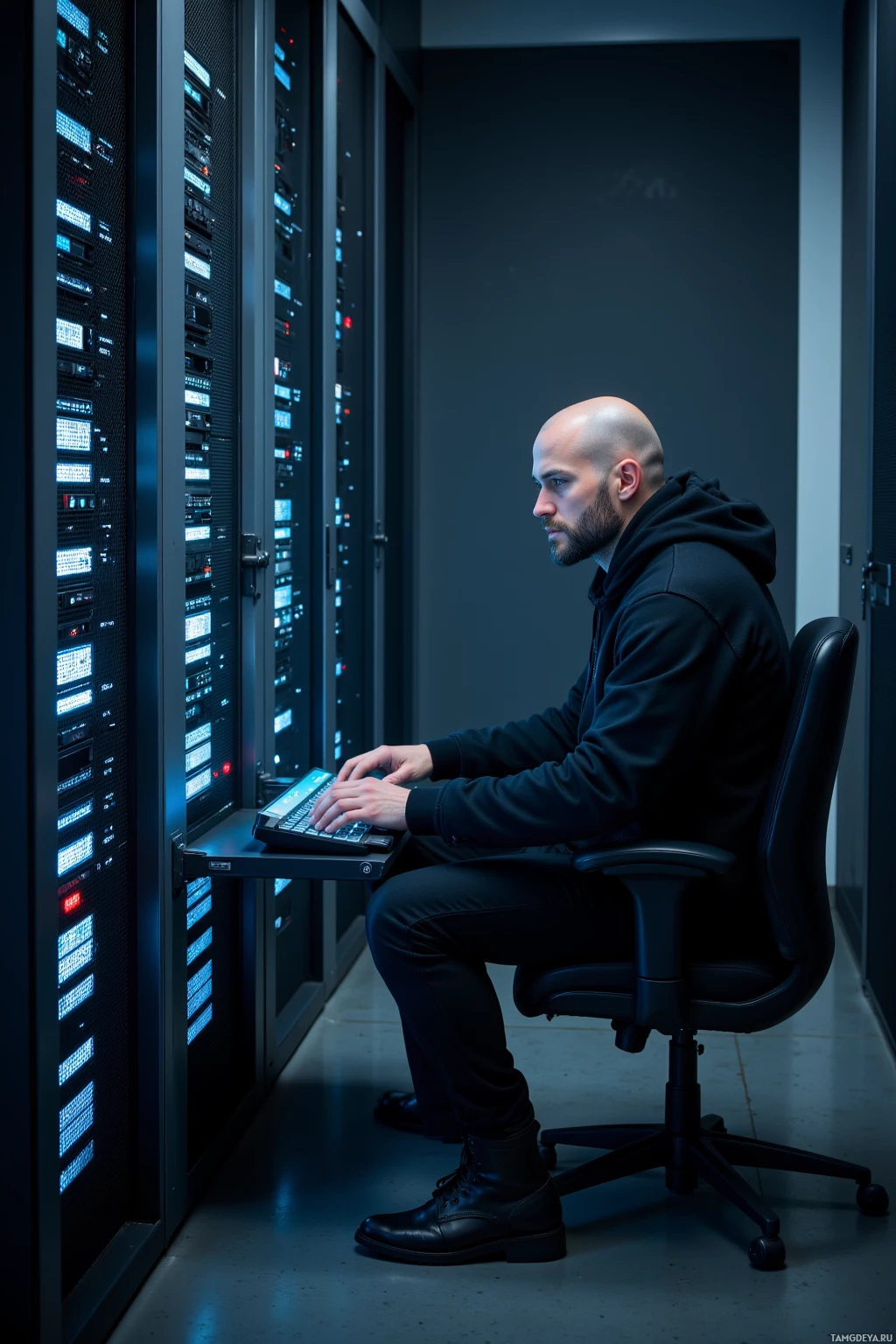 A man sits at a desk in a server room, working on a computer.