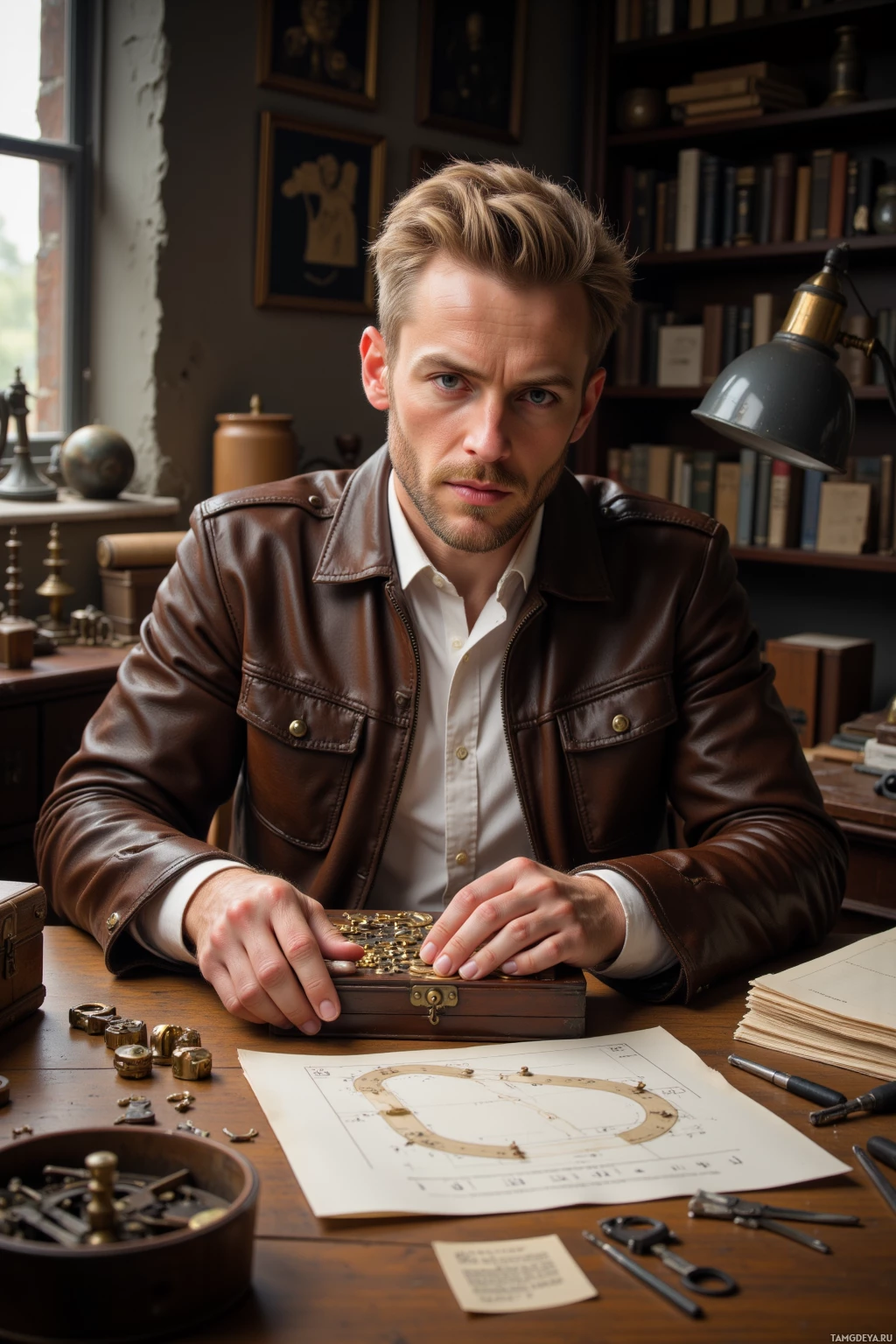 A man in a brown leather jacket sits at a desk with a vintage-style lamp, surrounded by books, a globe, and various tools and papers.