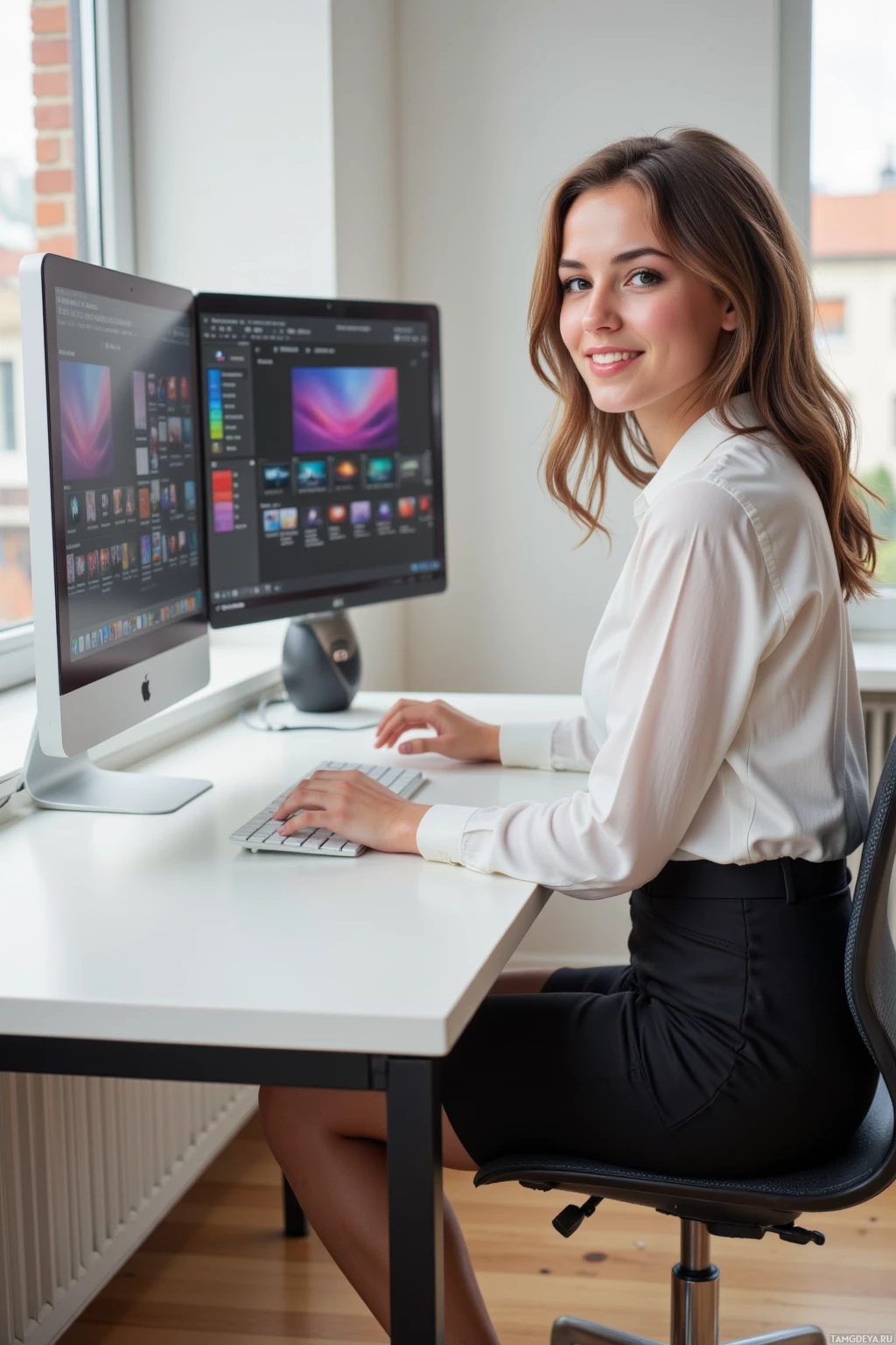 A woman is sitting at a desk with two computer monitors, smiling at the camera.