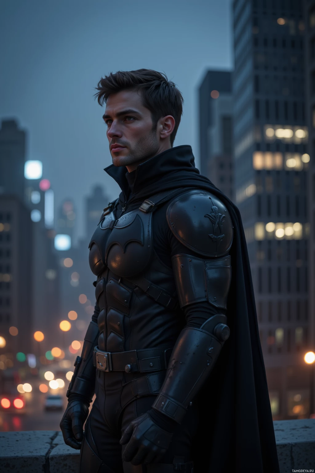 A person in a dark, armored costume stands on a rooftop overlooking a cityscape at dusk.
