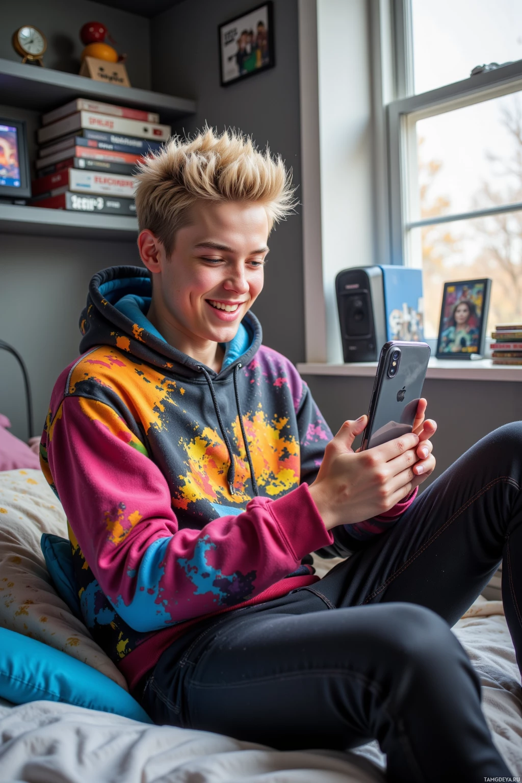 A person in a colorful hoodie sits on a bed, holding a smartphone.