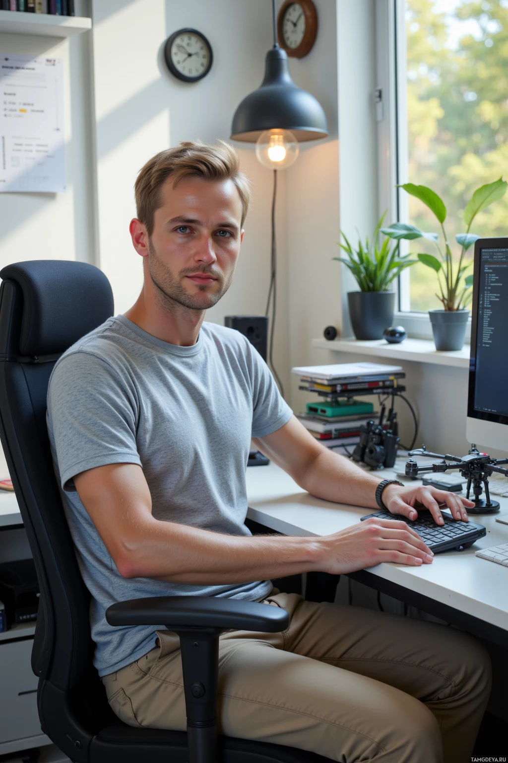 A man sits at a desk in a well-lit office, working on a computer.
