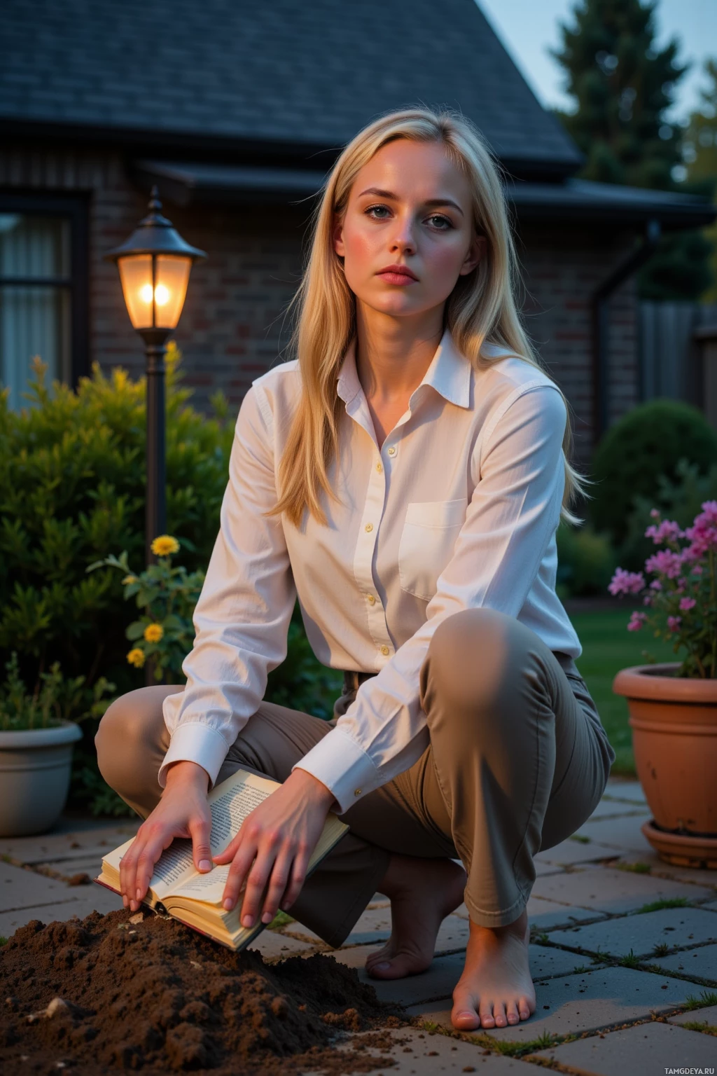 A woman in a white shirt and khaki pants is crouching outdoors, holding an open book.