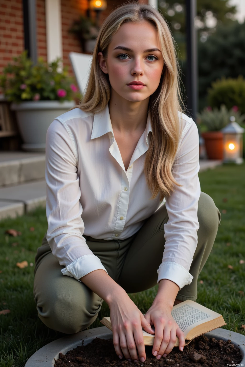 A person in a white shirt and green pants is crouching by a potted plant, holding an open book.