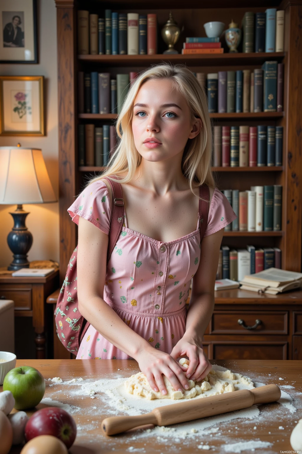 A young woman in a pink dress kneads dough on a wooden table in a cozy room with bookshelves.