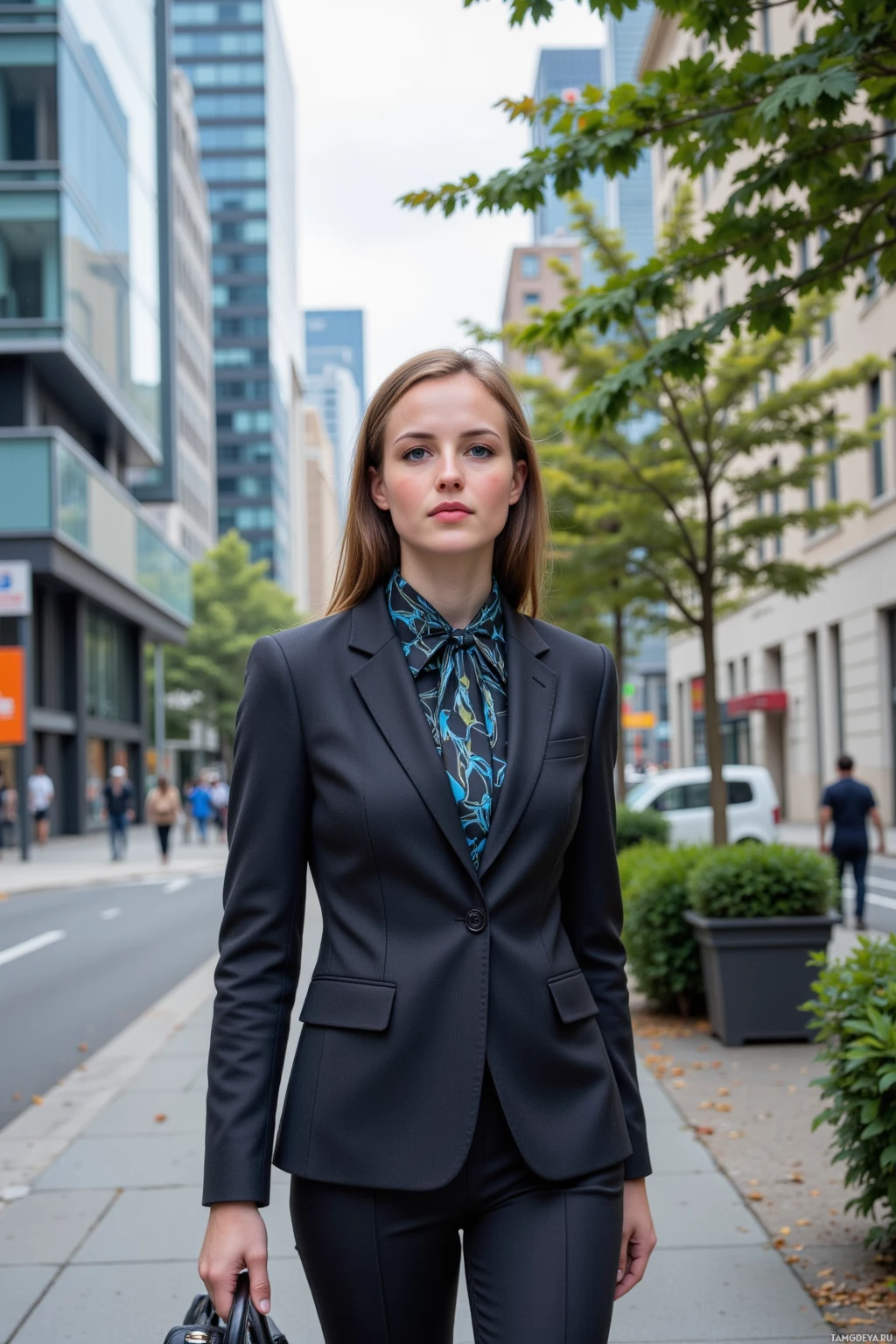 A woman in a professional black suit stands on a city sidewalk.