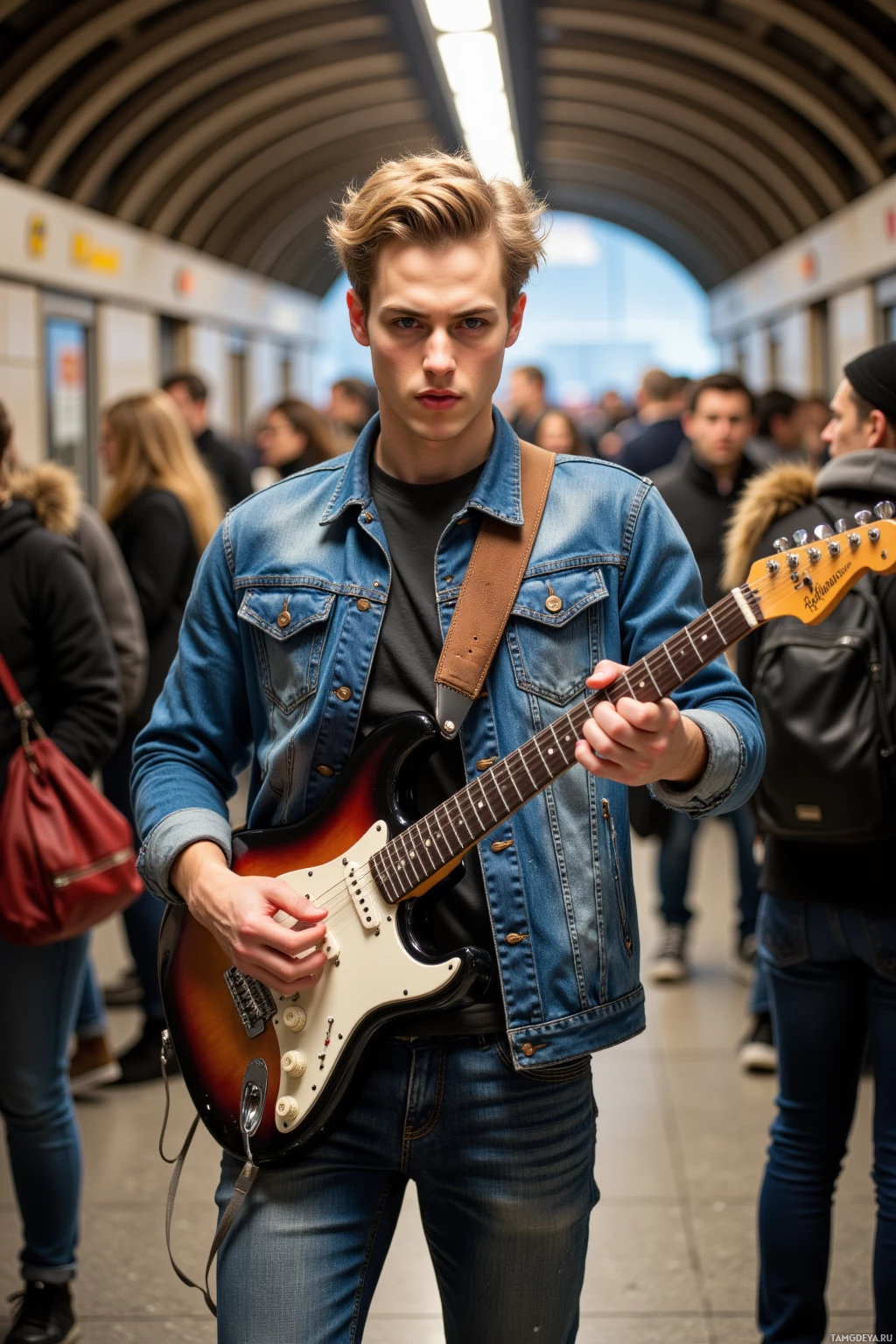 A young man in a denim jacket plays a guitar in a crowded subway station.