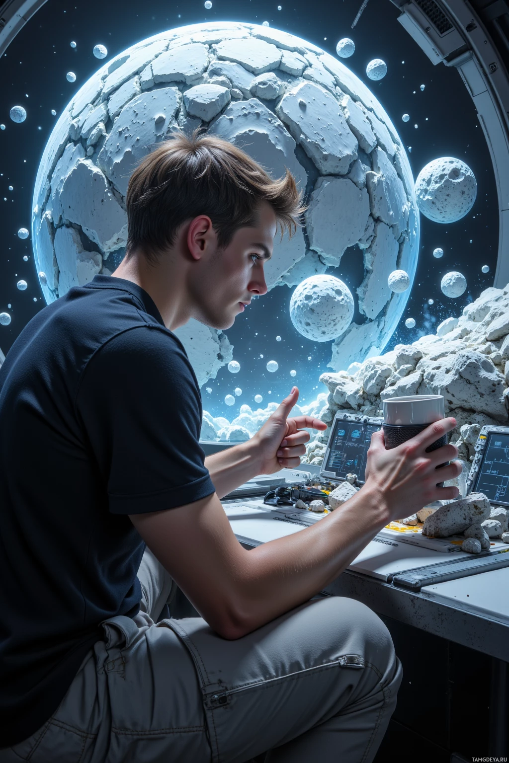 A person is seated inside a spacecraft, holding a cup and interacting with a tablet, with a large rocky celestial body and smaller moons visible through the window.