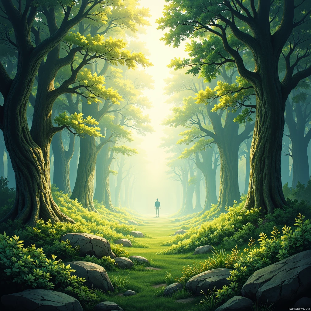A serene forest scene with tall trees, sunlight filtering through, and a lone figure walking on a path.