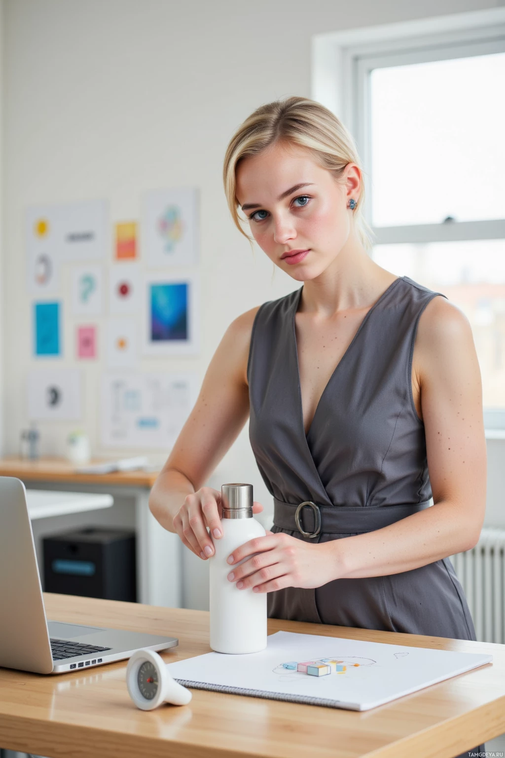 A woman in a professional setting holds a water bottle while standing at a desk with a laptop and office supplies.
