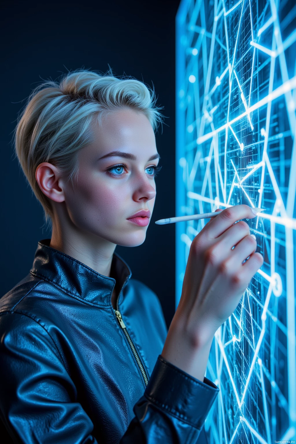 A person in a leather jacket interacts with a glowing, geometric interface.