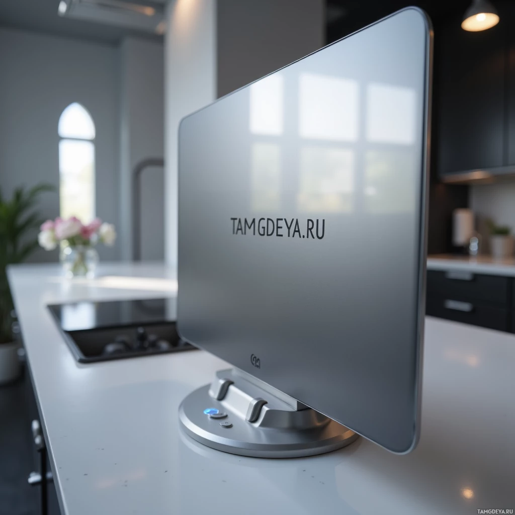 A sleek, modern computer monitor sits on a white countertop in a minimalist kitchen setting.