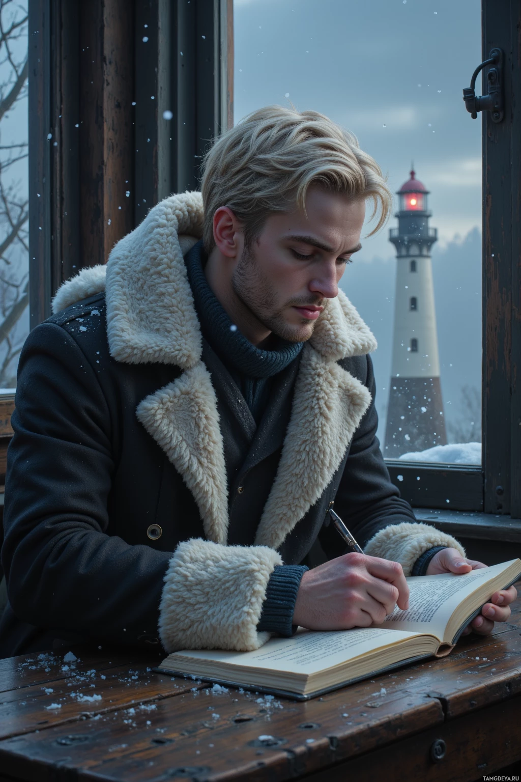 A person wearing a winter coat sits at a snowy table, writing in a book with a lighthouse in the background.