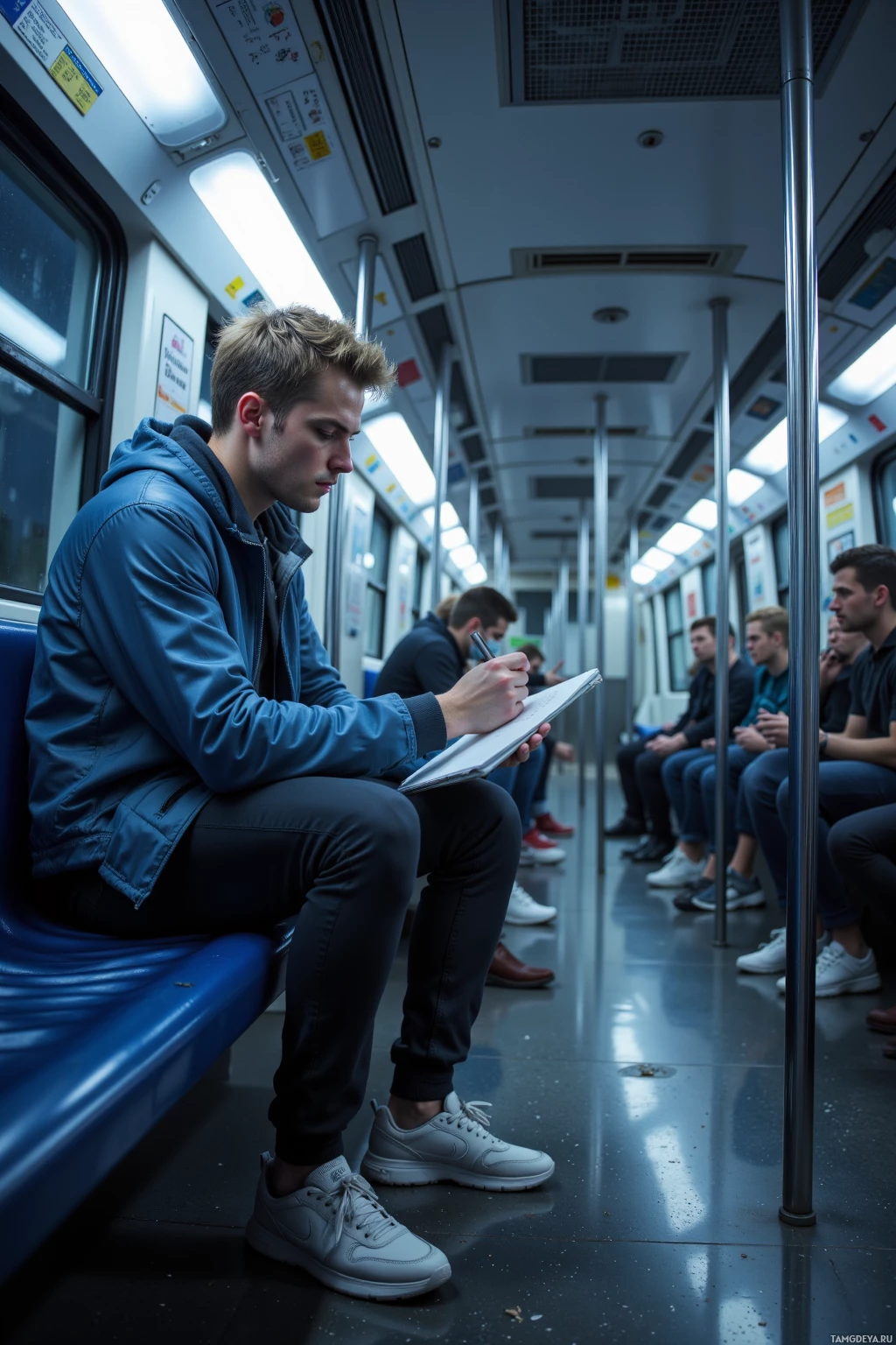 A man sits on a subway train, writing in a notebook.