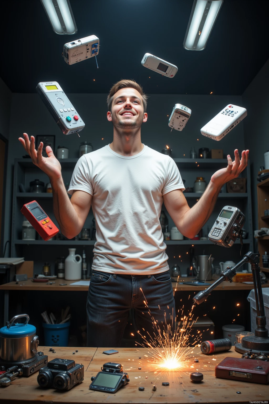 A person juggles small electronic devices in a workshop setting with sparks flying.