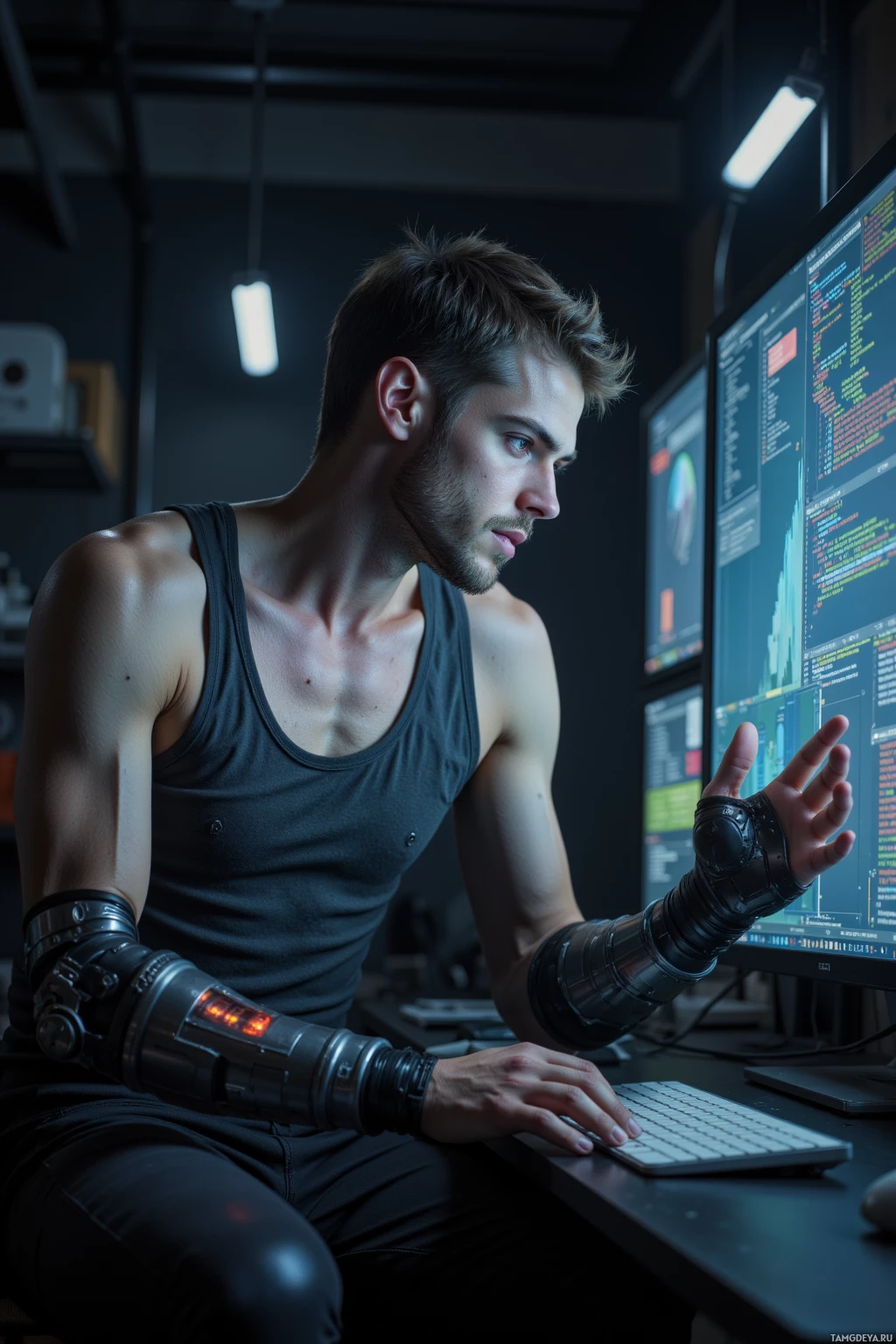 A man wearing a tank top and futuristic arm device is seated at a desk, working on a computer.