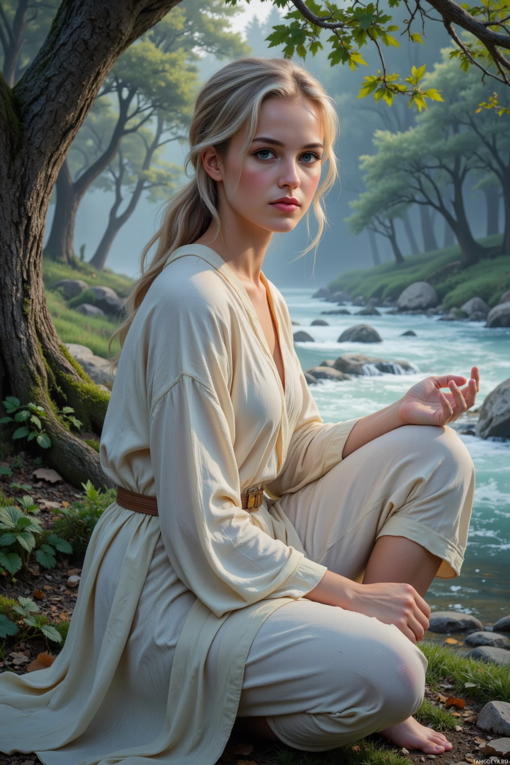 A woman in a flowing beige robe sits meditatively by a serene river in a lush forest.