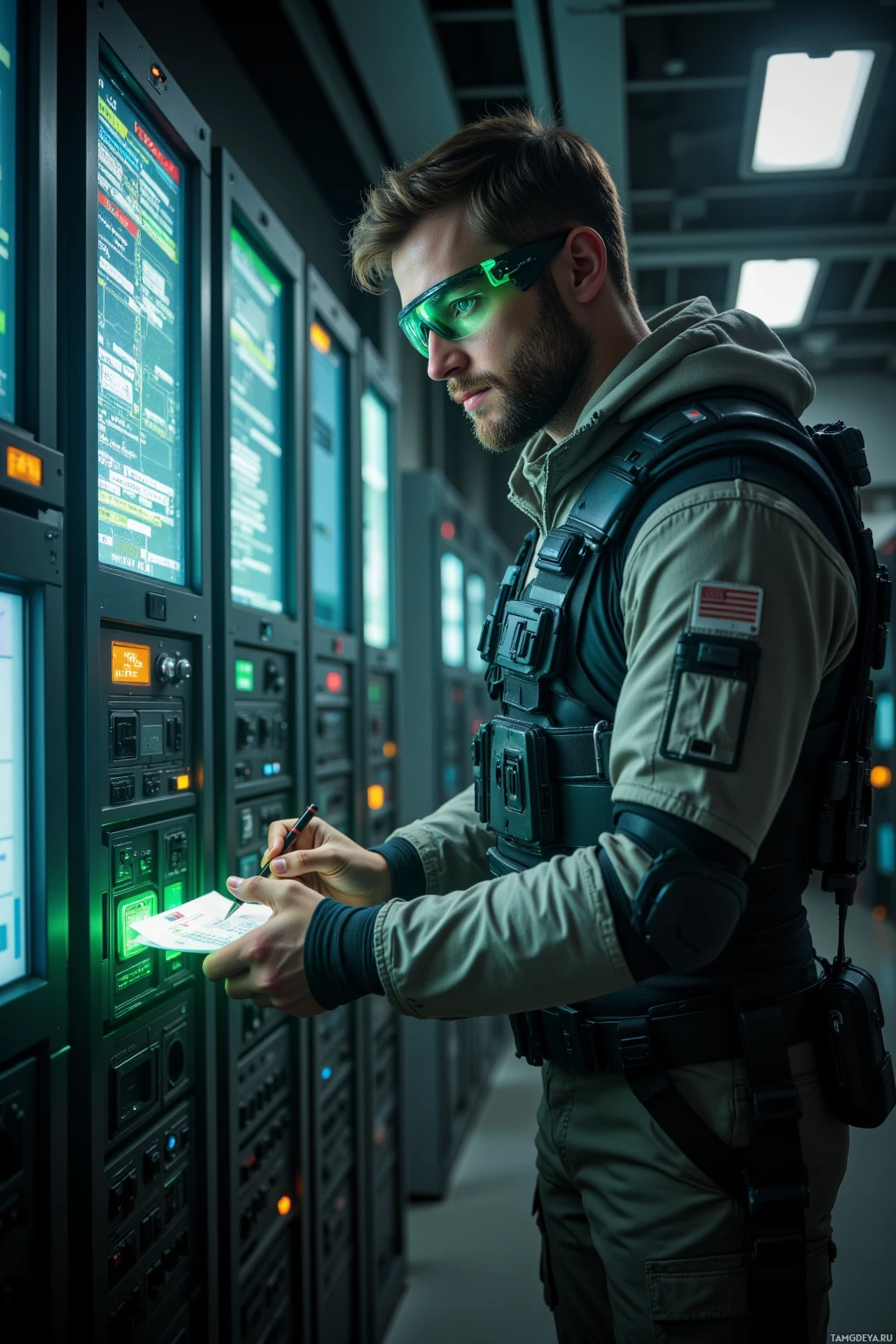 A person in tactical gear is working in a high-tech control room.