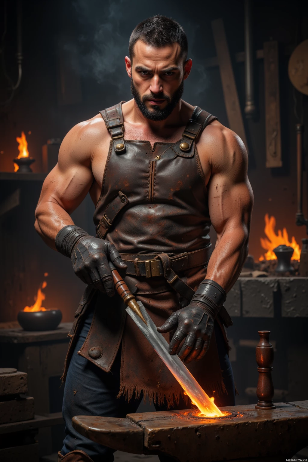 A muscular man in a leather vest and gloves holds a glowing sword over an anvil in a forge.