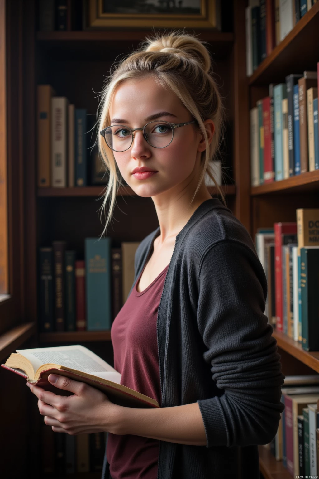 A young woman stands in a library, holding an open book.