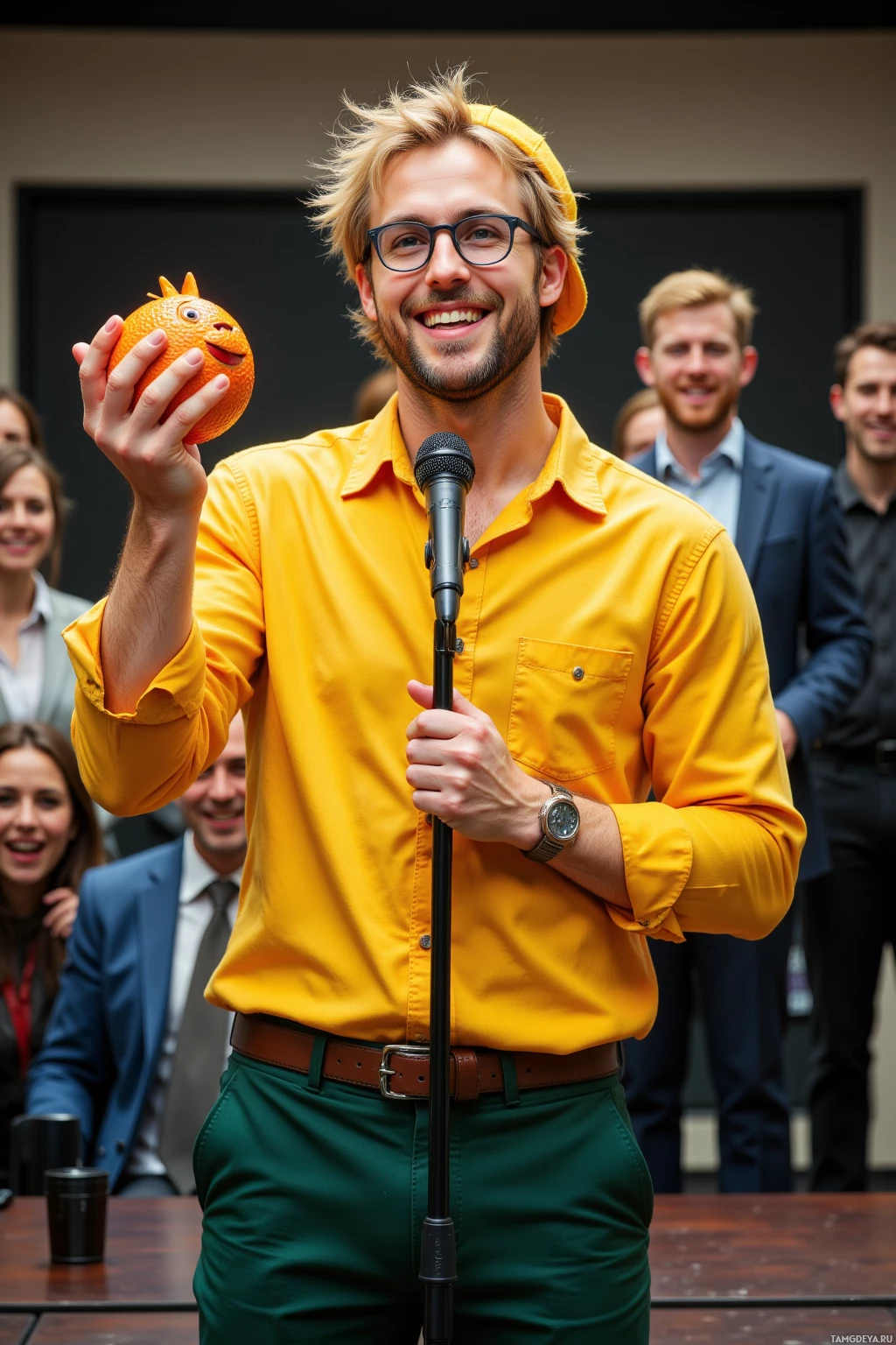 A man in a yellow shirt holds a microphone and an orange with a face, smiling at an audience.