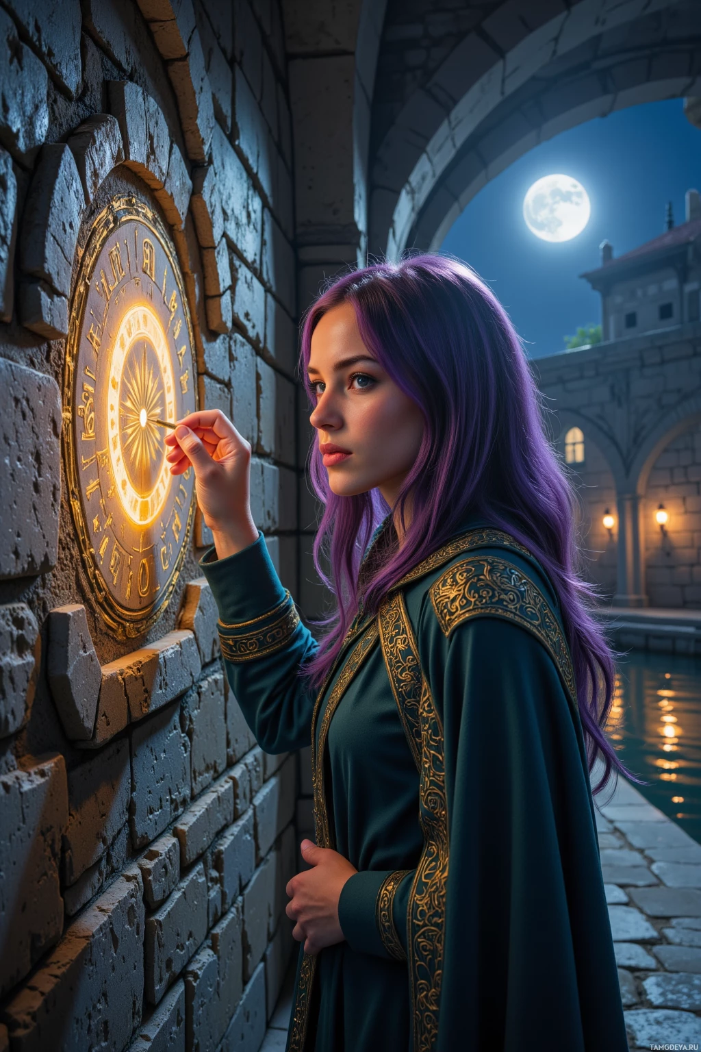 A woman in a dark robe stands beside a stone wall, pointing at a glowing circular device embedded in the wall.