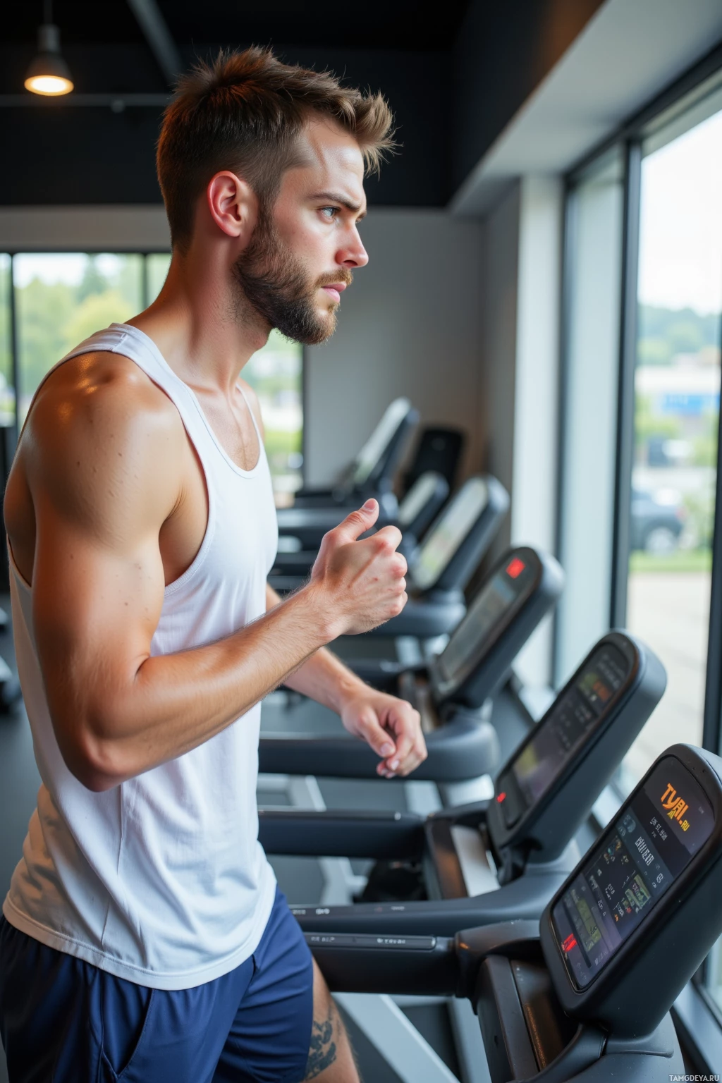 A man is running on a treadmill in a gym.