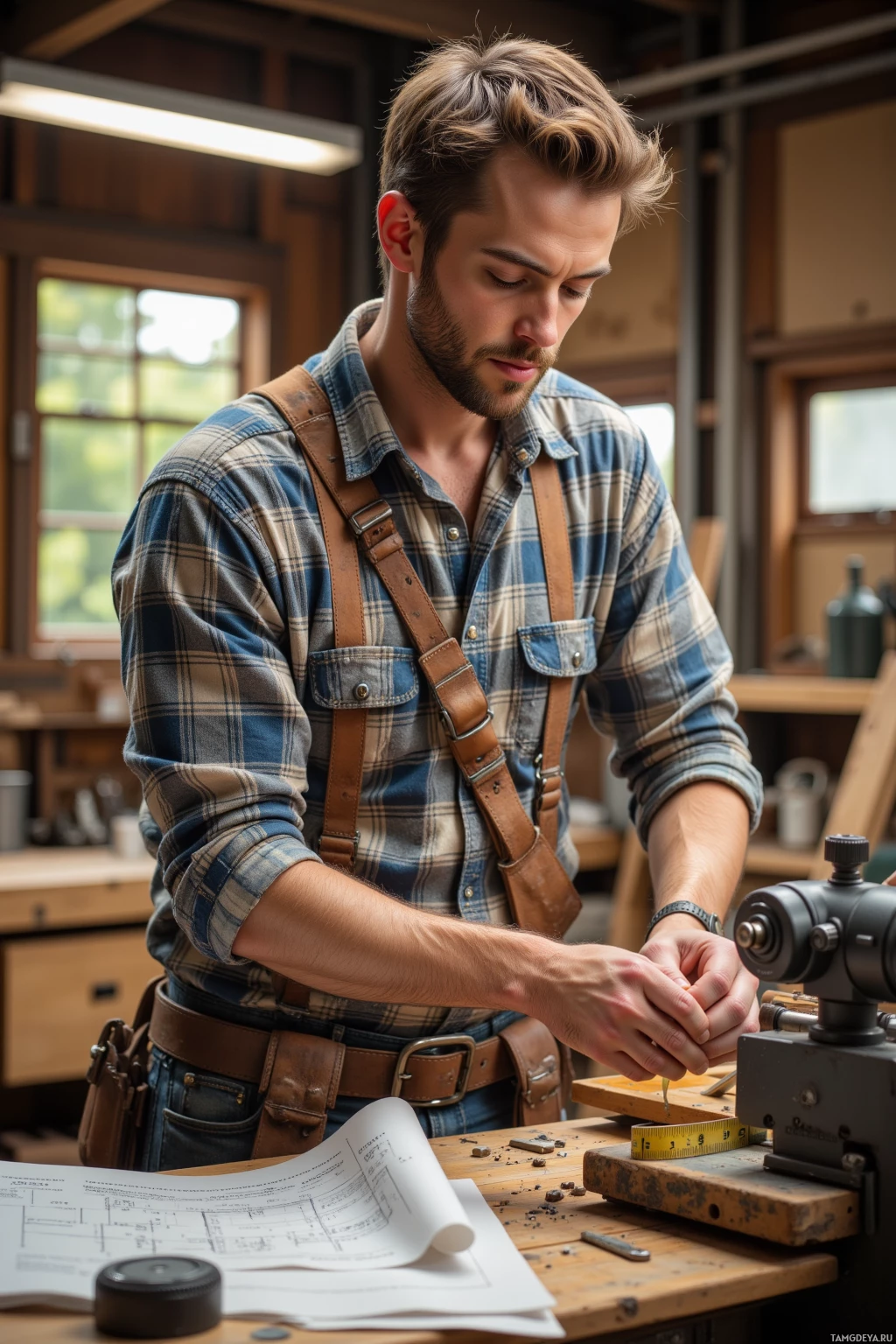 A man in a plaid shirt and suspenders works on a project in a workshop.
