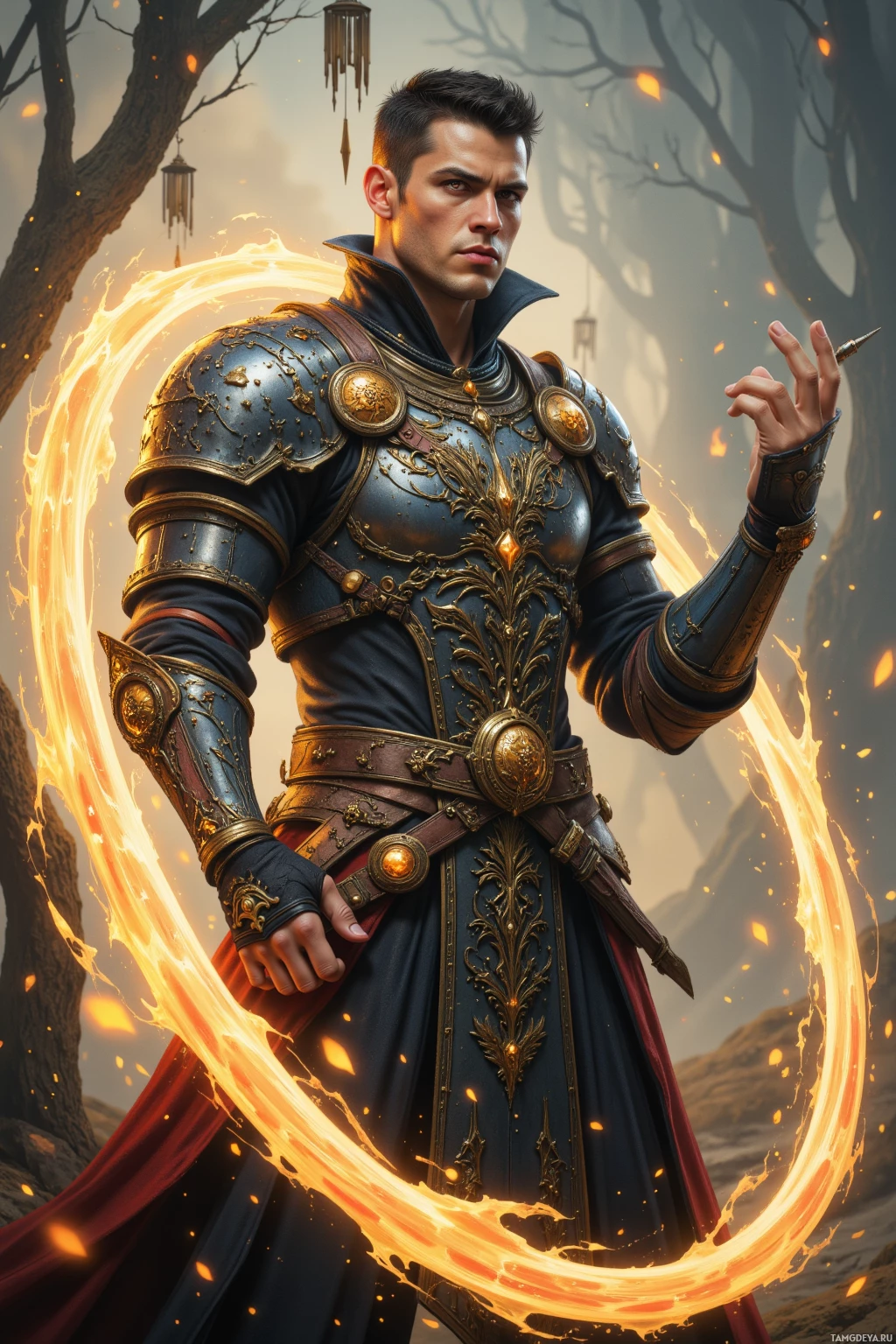 A warrior in ornate armor stands amidst a mystical forest, surrounded by swirling flames.