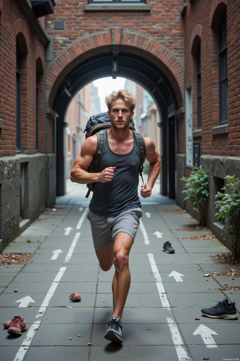 A muscular man runs through an alleyway carrying a backpack.