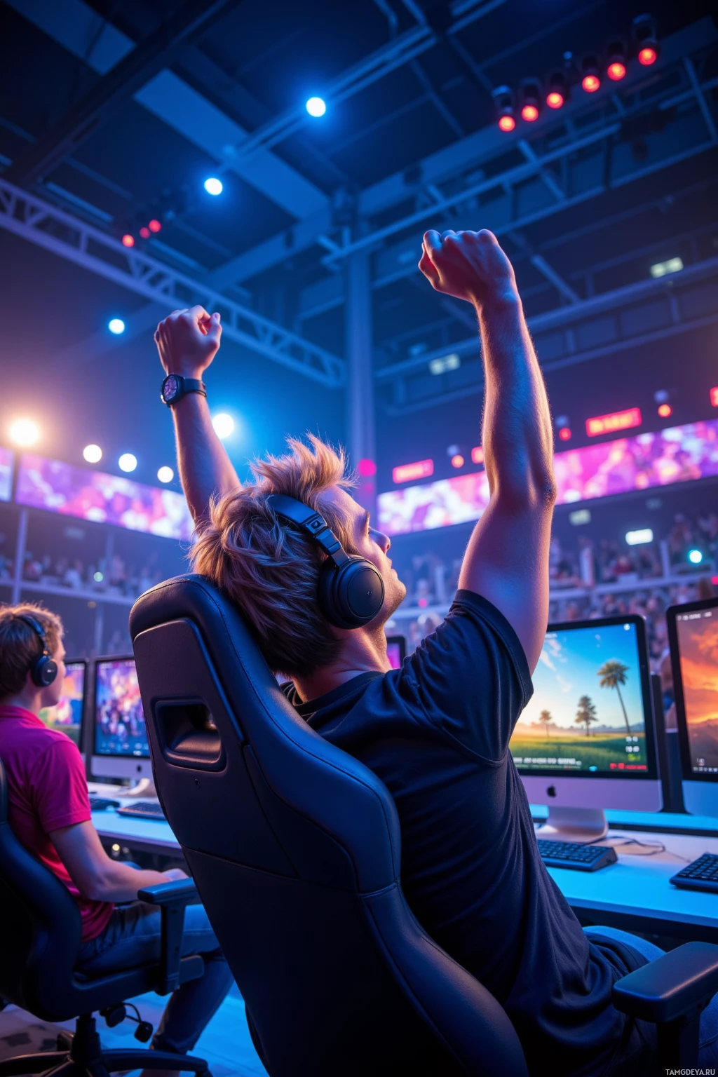 A person celebrates with raised arms in a gaming arena.