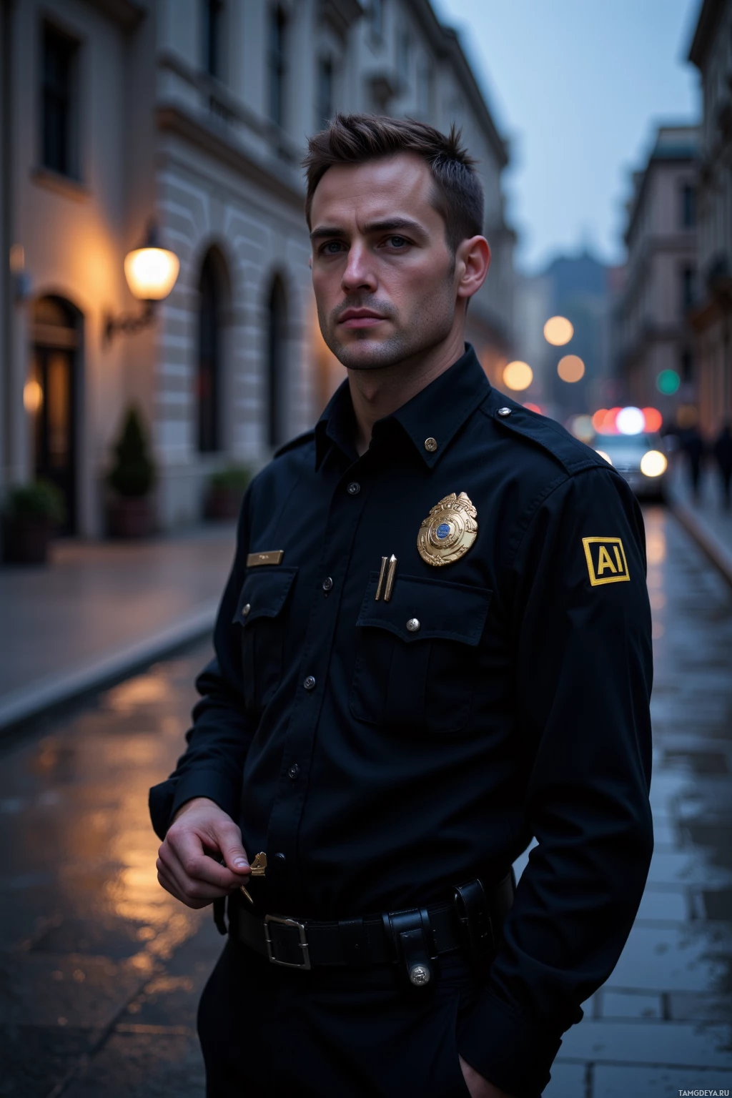 A police officer stands on a wet street at dusk, wearing a uniform with a badge and belt.