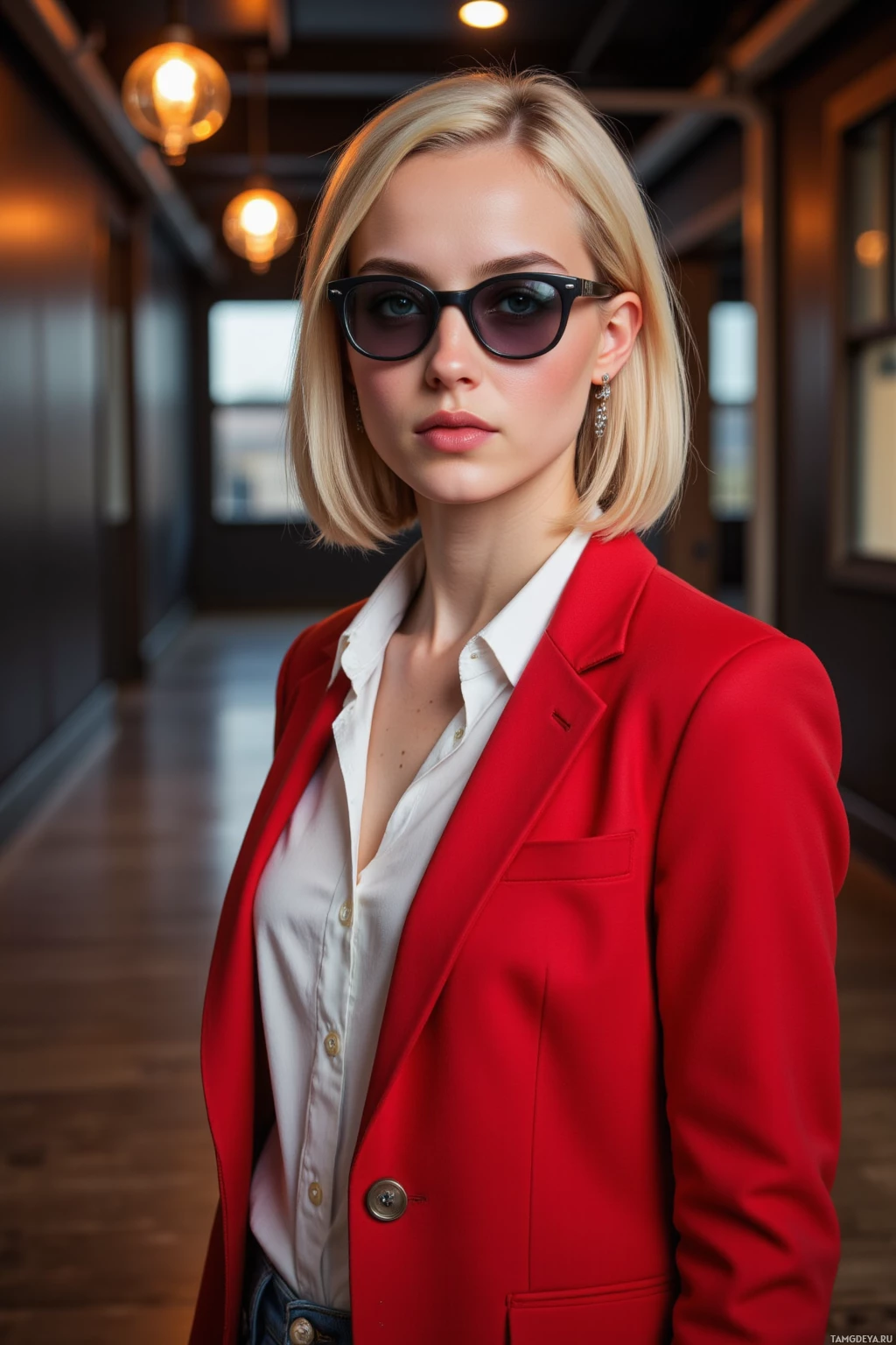 A woman in a red blazer and white shirt stands in a hallway with warm lighting.